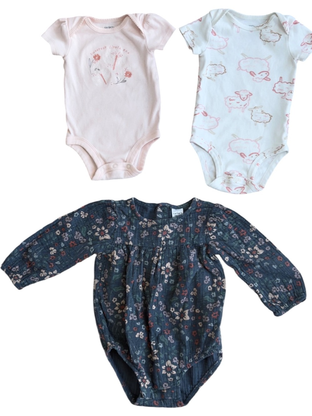 Carter’s Baby Girls BUNDLE OF 3 ASSORTED SIZES One Piece Bodysuits. 3, 6, 12 Mo.